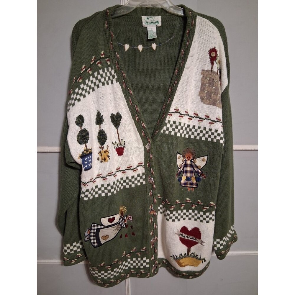 Quacker Factory Women's Cardigan Sweater 1X Angel Miracles Heart Granny Vintage